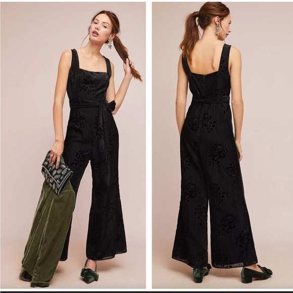 Anthropologie Moulinette soeurs Black Velvet belted Jumpsuit NWT 6 - Picture 1 of 11